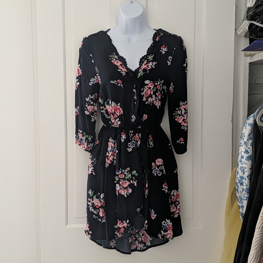 Navy Blue Floral Wrap Dress